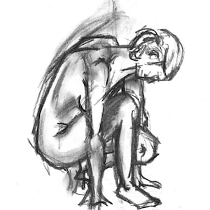 A print of an original charcoal sketch by Diana Thomas. Woman crouching.