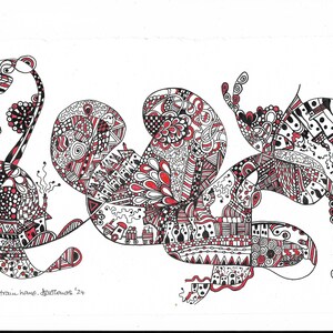 Puede incluir: Arte abstracto de garabatos en negro y rojo con intrincados patrones y remolinos. El arte está firmado "The train have... December '24".