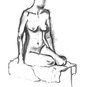A print of an original charcoal sketch by Diana Thomas.  Woman seated on a plinth.