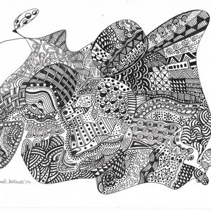 May include: Black and white abstract drawing with intricate patterns and swirls. The drawing is titled "Overwhelmed, Just Breathe" and signed with the year.