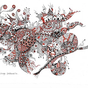 Op de afbeelding: Abstracte inkttekening in zwart en rood met ingewikkelde patronen en swirls. De tekening is getiteld "The Village, Shattered '24".