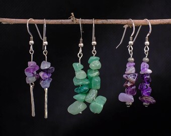 Handmade Gemstone Chip Dangle Sterling Silver Earrings | Handcrafted Glass Bead, Agate, Fluorite, Amethyst Cairn Earrings