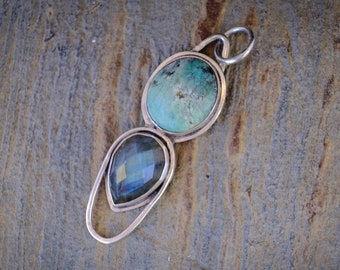 Handcrafted Natural Turquoise and Faceted Teardrop Labradorite Cabochon Gemstone Pendant | Handmade Genuine Sterling Silver Jewelry