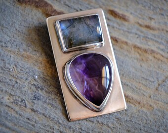 Handcrafted Labradorite and  Teardrop Trapiche Color Zoned Amethyst Cabochon Gemstone Pendant | Sterling Silver Statement Piece Jewelry