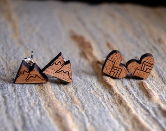 Laser Engraved Wooden Mountain and Heart Stud Earrings | Laser Etched Wood Handmade Dainty Jewelry