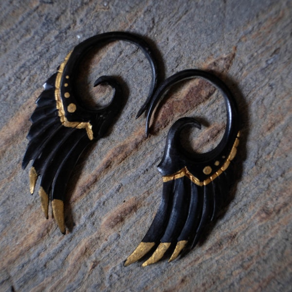 Carved Buffalo Horn Tribal Wing Ear Hangings | Lightweight Spiral Black and Gold Ear Hangers for Gauged Ears | Spiral Tapers Body Jewelry