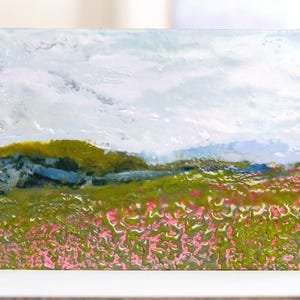Abstract encaustic landscape painting, original beeswax painting, textural art, mini small 5”x7” unique handmade original flower field art