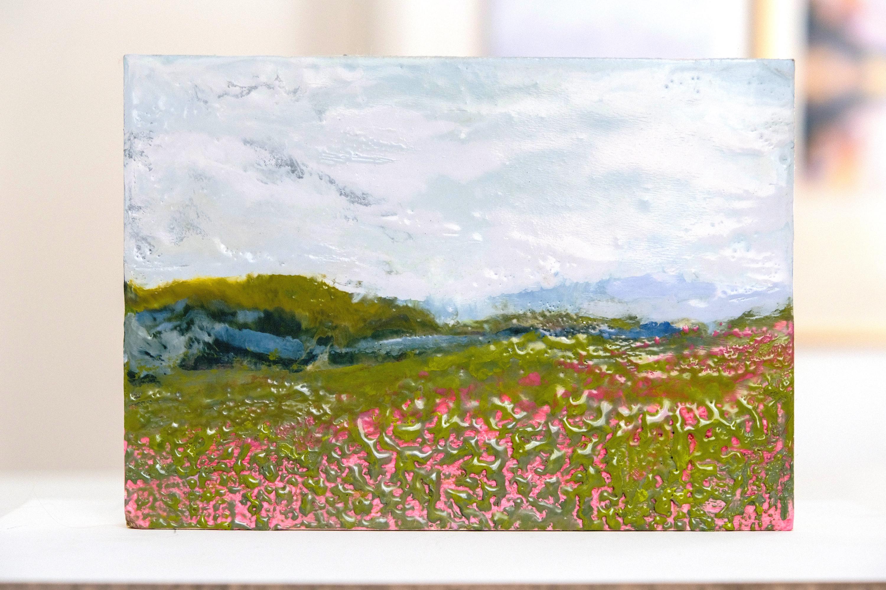 Abstract encaustic landscape painting, original beeswax painting, textural art, mini small 5”x7” unique handmade original flower field art