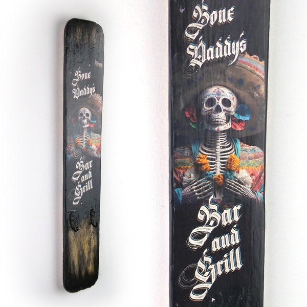 Bone Daddy Bar & Grill Wall Art Hanger. Dia de los Muertos, Sugar Skull, Mariachi  Skeleton, Pirate style, BBQ Accessory, Floating mount