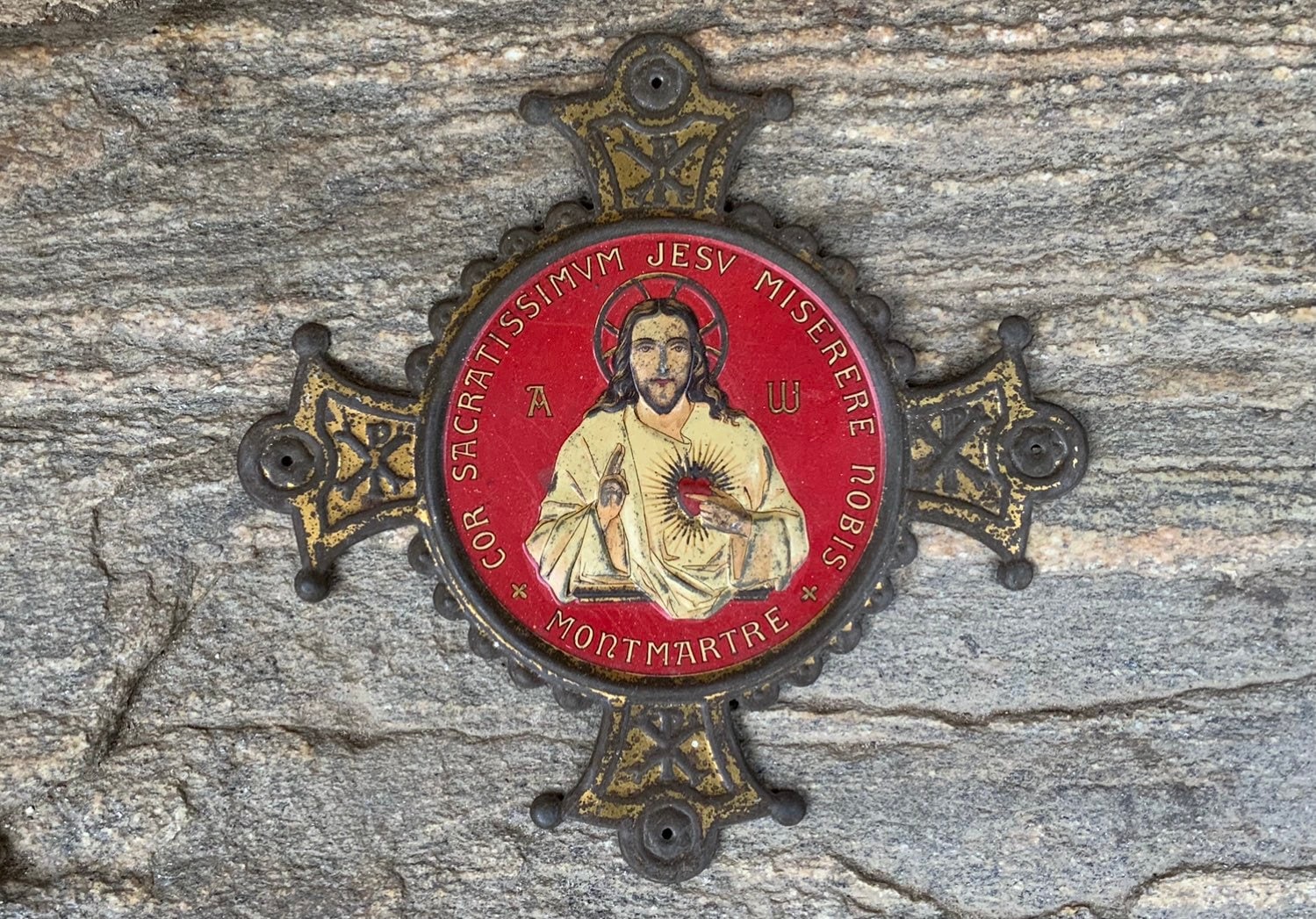 Plaque Antique Français Religieuse Du Sacré-Cœur Toleware.