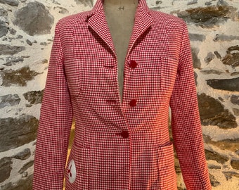 1990s Wool Blazer By C’est Comme Ça, Red And White Houndstooth Jacket.