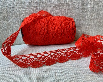 Vintage French Orange Cotton Lace Trim, 1970s Lace Passementerie.