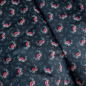 Art Deco French Fabric: Red & White Floral Print, Vintage Dressmaking Cotton