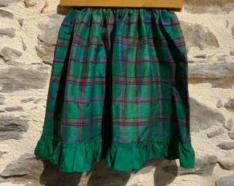 French Vintage Girls Silk Tartan Skirt, Green Checkered Childs Skirt, French Children’s Fashion.