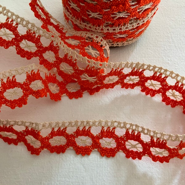 Vintage French Orange Cotton Lace Trim, 1970s Passementerie.