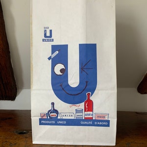 Grand sac en papier Unico Épicerie 1960, emballage publicitaire français vintage.
