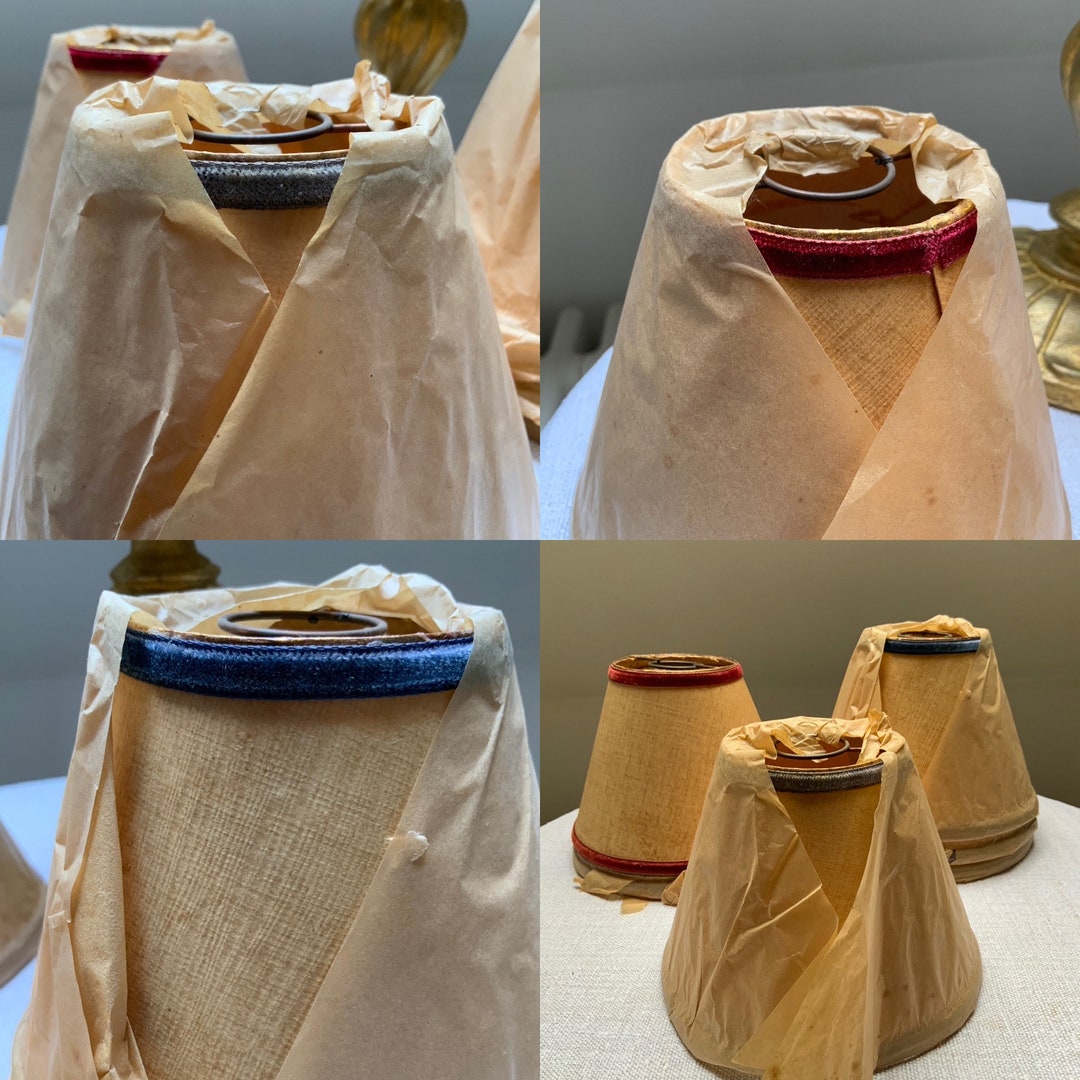 Vintage French Paper Gimble Lampshades With Velvet Trim, New Old Stock