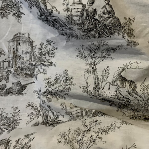 Tissu de chinoiserie française vintage de style toile de Jouy des années 1960, motif champêtre pastoral, matériau d'ameublement en coton, tissu de décoration français.