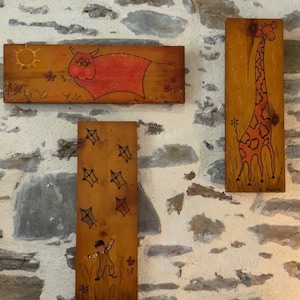 Elija 3 obras de arte de madera vintage de los años 60, decoración de pared para niños, jirafa, vaca, cometas, dormitorio infantil.
