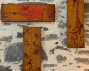 Choose 3 Vintage 1960s Wood Artwork, Childrens Wall Decor, Giraffe, Cow, Kites, Childs Bedroom.