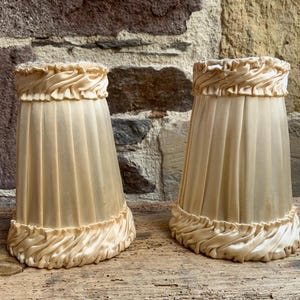 Vintage French Cream Satin Chimney Pleated Lampshades With Ruffled Trim, Candelabra, Wall Sconce Shades, Vintage Lampshade.