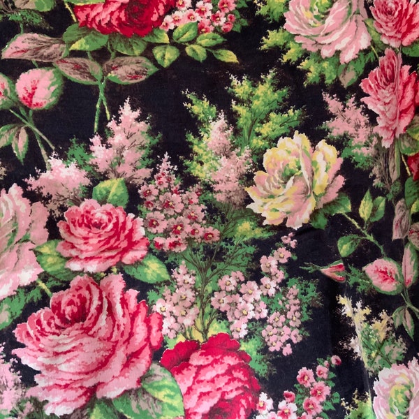 Vintage French Marignan Bold Roses Cotton Fabric, Black Rose Garden, Mid Century Cabbage Roses.