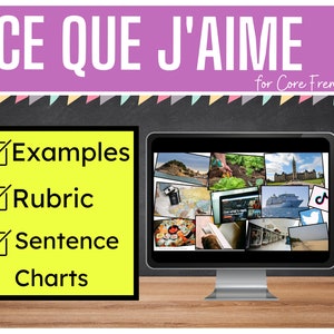 May include: A yellow checklist with tick marks next to "Examples", "Rubric", and "Sentence Charts". A computer screen displays a collage of images, including a beach, a city, a boat, and a garden.