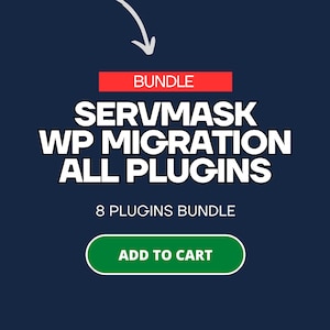 Może przedstawiać: Niebieski ekran z białym tekstem, który brzmi "Bundle" w czerwonym prostokącie, "Servmask WP Migration All Plugins" na biało i "8 Plugins Bundle" na biało. Zielony przycisk z napisem "Dodaj do koszyka". Liczba "01" znajduje się w białym prostokącie w prawym dolnym rogu.
