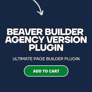 Op de afbeelding: Een blauw scherm met witte tekst die "Beaver Builder Agency Version Plugin" en "Ultimate Page Builder Plugin" luidt. Onder de tekst bevindt zich een groene knop met witte tekst die "Toevoegen aan winkelwagen" luidt.