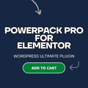 Op de afbeelding: Een blauw scherm met witte tekst die "Powerpack Pro for Elementor WordPress Ultimate Plugin" luidt. Een groene knop met witte tekst die "Toevoegen aan winkelwagen" luidt, bevindt zich in het midden van het scherm. Een grijze pijl wijst naar links en een grijs nummer "01" bevindt zich in de rechterbenedenhoek.