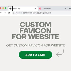 Könnte beinhalten: Ein Screenshot einer Webseite mit dem Text "CUSTOM FAVICON FOR WEBSITE". Die Seite enthält einen grünen "ADD TO CART"-Button und einen Browser-Tab mit der Website-Adresse und einem Favicon.