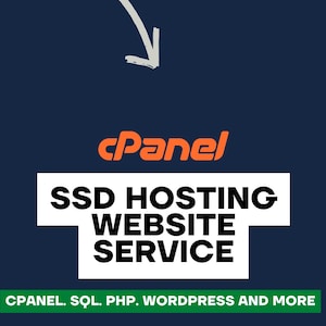 Puede incluir: Un fondo azul con una flecha blanca apuntando hacia abajo. El texto "cPanel" está en naranja y blanco. Debajo del texto hay un rectángulo blanco con el texto "SSD HOSTING WEBSITE SERVICE" en negro. Debajo del rectángulo, el texto verde dice "CPANEL. SQL. PHP. WORDPRESS AND MORE". El número "01" está en un rectángulo blanco en la esquina inferior derecha.