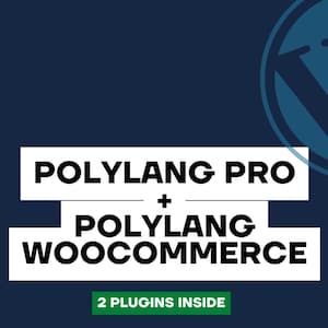 May include: A blue WordPress logo with the text "Polylang Pro + Polylang WooCommerce" in white, with the text "2 Plugins Inside" in green below.