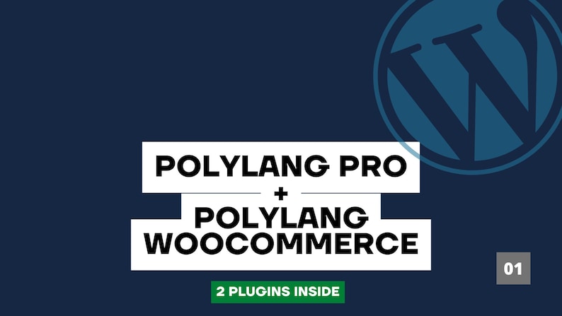 Op de afbeelding: Een blauw WordPress-logo met de tekst "Polylang Pro + Polylang WooCommerce" in wit, met de tekst "2 Plugins Inside" in groen eronder.