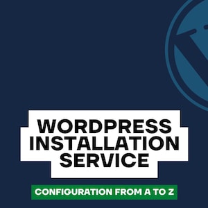 May include: A blue WordPress logo with the text "WordPress Installation Service" in white on a white rectangle with the text "Configuration from A to Z" in green below the rectangle. The number "01" is in white on a green rectangle in the bottom right corner.