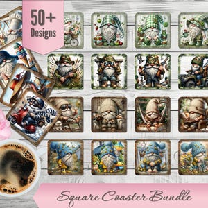 Zestaw ponad 50 kwadratowych podstawek z motywem krasnala, wzory sublimacyjne w formacie PNG, nadruk na podstawce z motywem wędkarskim i myśliwskim, podstawka z motywem rolnika, wersja cyfrowa do pobrania, zestaw 13 podstawek
