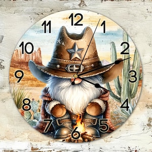 Cowboy Gnome Clock Sublimation Design, Western Gnome Clock Face PNG, Rustic Gnome Wall Decor Digital Download Template, DIY Clock
