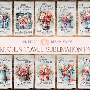 Floral Kitchen Towel Sublimation Designs, Kitchen Quote Tea Towel PNG Template, Cooking & Baking Lover&#39;s Home Decor Print, Digital Download