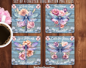 Dragonfly Square Coaster Sublimation Design, Inspirational Quote Coaster PNGs, Mindful Quotes Design, Digital Download, Set Of 4 Coaster