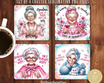 Funny Grandma Square Coaster Sublimation Design, Cute Granny Quote Coaster PNGs, Gift For Grandma Design Digital Download, Set Of 4 Coaster