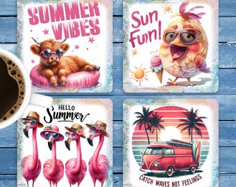 Summer Vibes Square Coaster Sublimation Designs, Summer Quotes Coaster PNG Template, Summer Fun Coaster, Home Decor Print Digital Download
