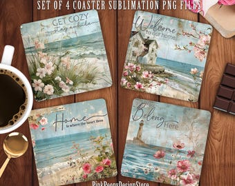 Rustic Home Inspirational Coaster Sublimation PNG, Summer Coastal Print File (Digital Download)