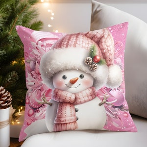 Diseño de sublimación de almohada de muñeco de nieve rosa, descarga instantánea, PNG, plantilla de almohada navideña, muñeco de nieve PNG, almohada decorativa de sublimación