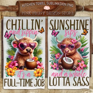 Cute Highland Cow Kitchen Towel Sublimation Design, Sassy Quote Tea Towel PNG Template, Funny Cocktail Cow Print, DIY Gift Digital Download