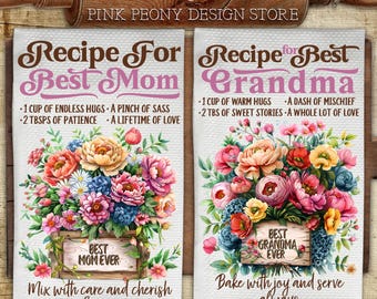 Mom & Grandma Recipe Kitchen Towel Sublimation Design, Kitchen Quote Tea Towel PNG Template, Home Decor Print, DIY Gift Digital Download