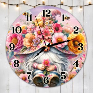 Floral Gnome Clock Sublimation Design, Cute Spring Gnome Clock Face PNG, Floral Spring Gnome Wall Decor Digital Download Template, DIY Clock