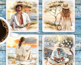 Beach Day Square Coaster Sublimation Design, Beach Life 4x4 Coaster Set PNG Template, Romantic Beach Coaster, Beach Lovers Digital Download