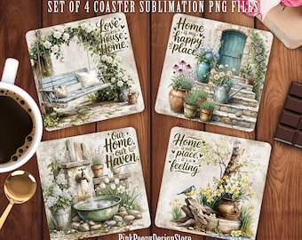 Home Inspirational Coaster Sublimation PNG, Rustic Floral Garden Print File