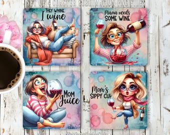 Funny Wine Lover Mom Square Coaster Sublimation Design, Sassy Mom Life Quote Coaster PNG, Funny Mother's Day Gift, Digital Download Template