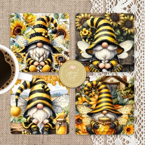 May include: Set of four square coasters featuring a whimsical bee gnome design. Each coaster has a different background with sunflowers, honeycomb, and a beehive. The gnomes are wearing black and yellow striped hats and have white beards.